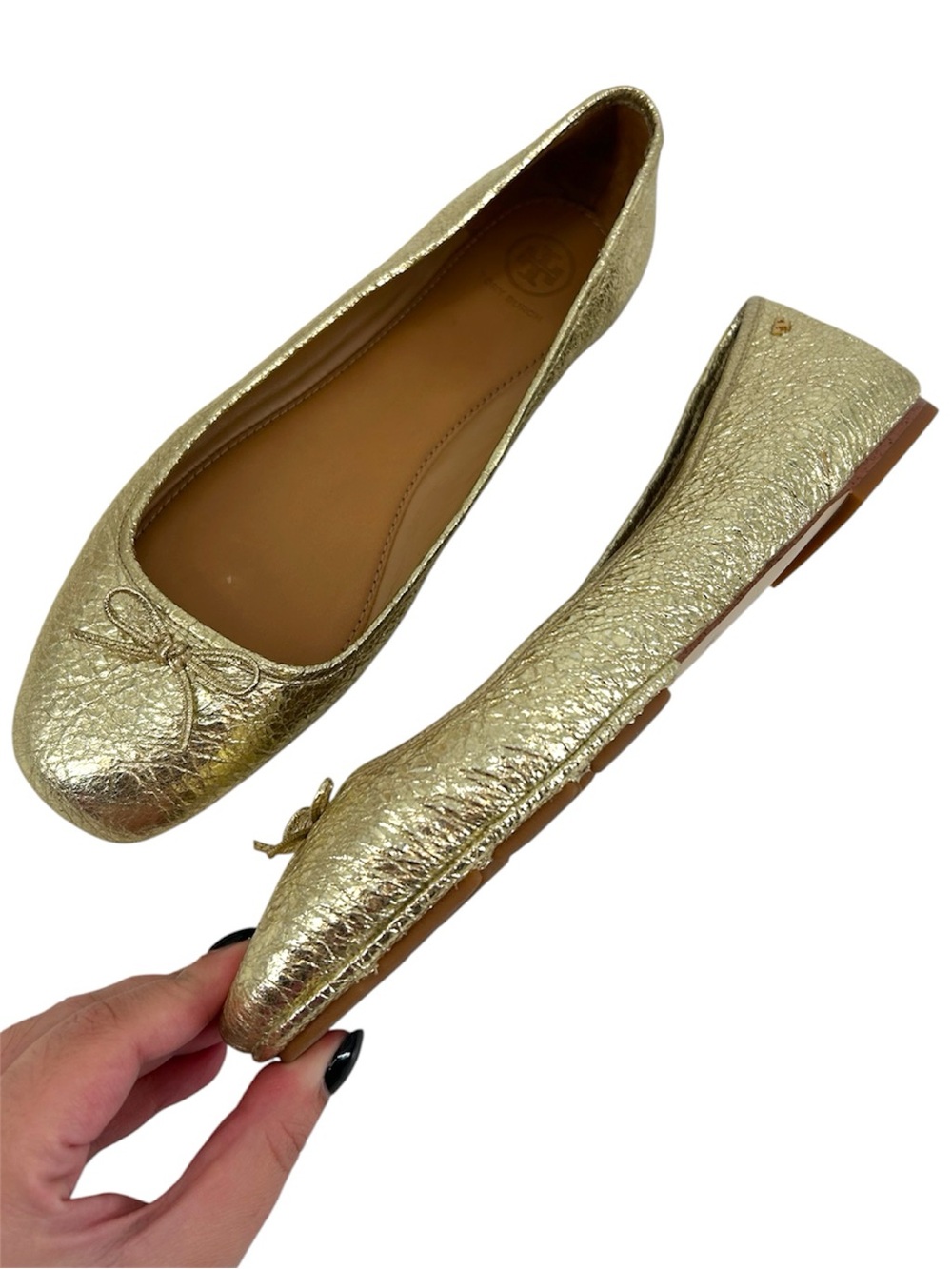Tory Burch Laila 2 Driver Ballet Flats Spark Gold Crinkle Metallic Womens Sz 10